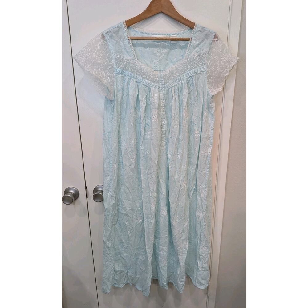 Vtg Eileen West Nightgown Large Blue Floral Cotton Lace Cottagecore Croquette